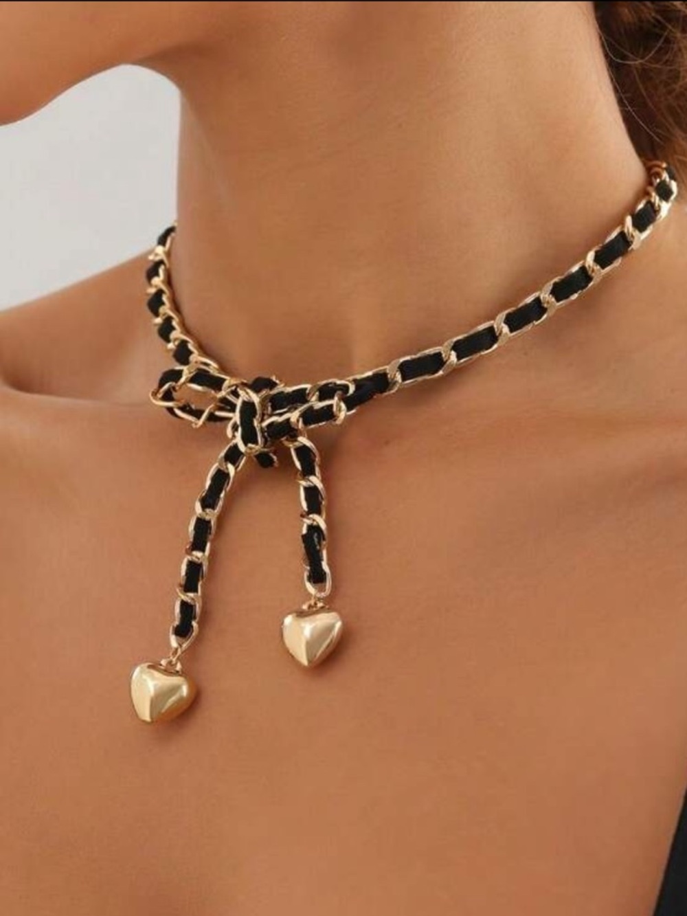 Gold and Black Ribbon Chain Choker Necklace with Heart Pendants